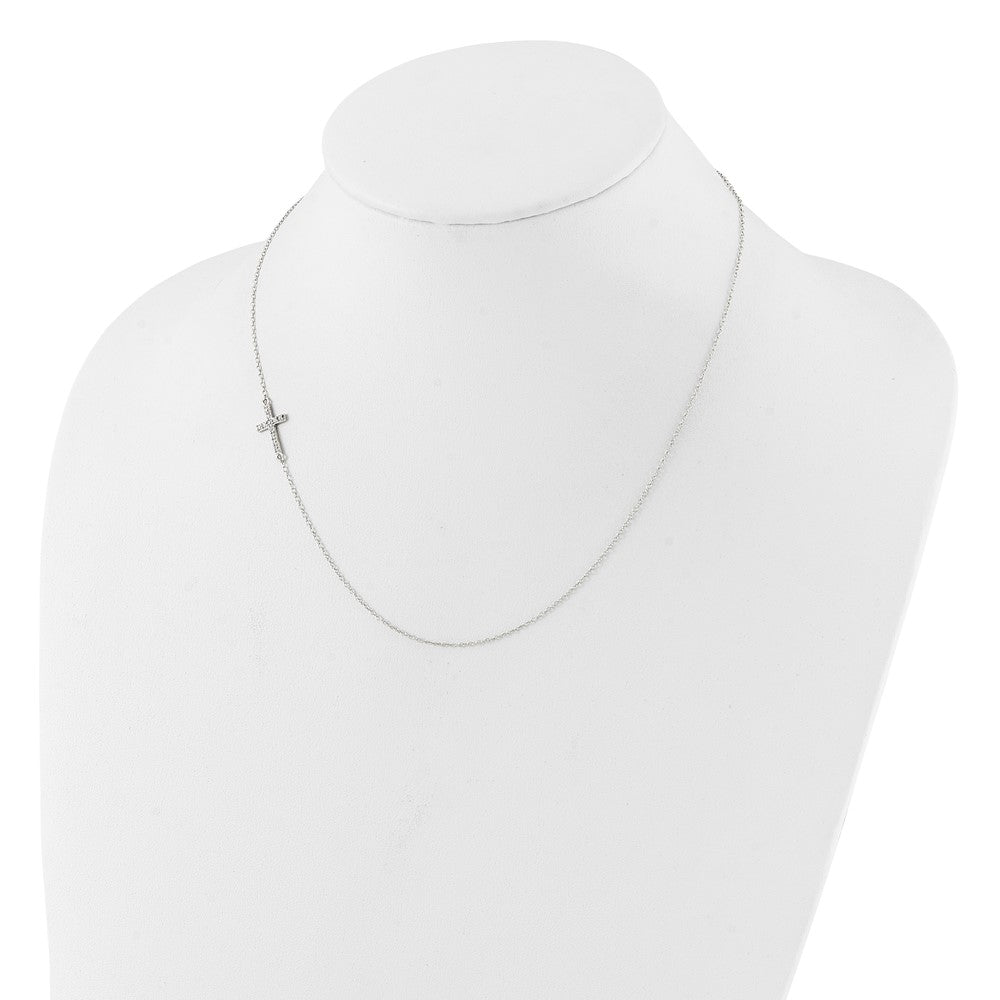 Sterling Silver Rhod-Pltd Cz Offset Sideways Cross W/2In Ext Necklace