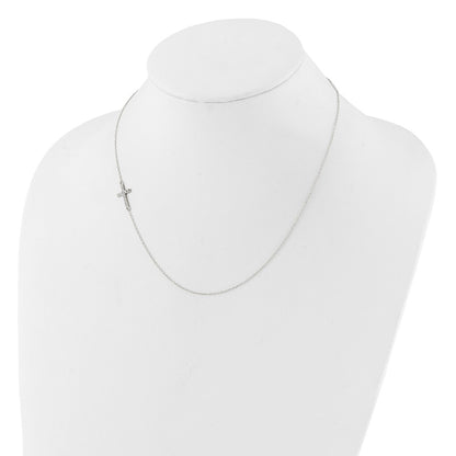 Sterling Silver Rhod-Pltd Cz Offset Sideways Cross W/2In Ext Necklace