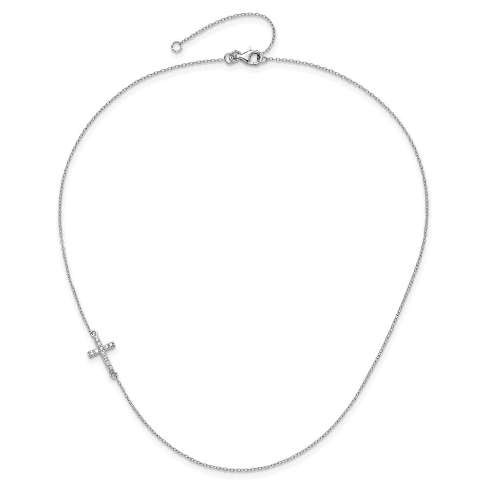 Sterling Silver Rhod-Pltd Cz Offset Sideways Cross W/2In Ext Necklace