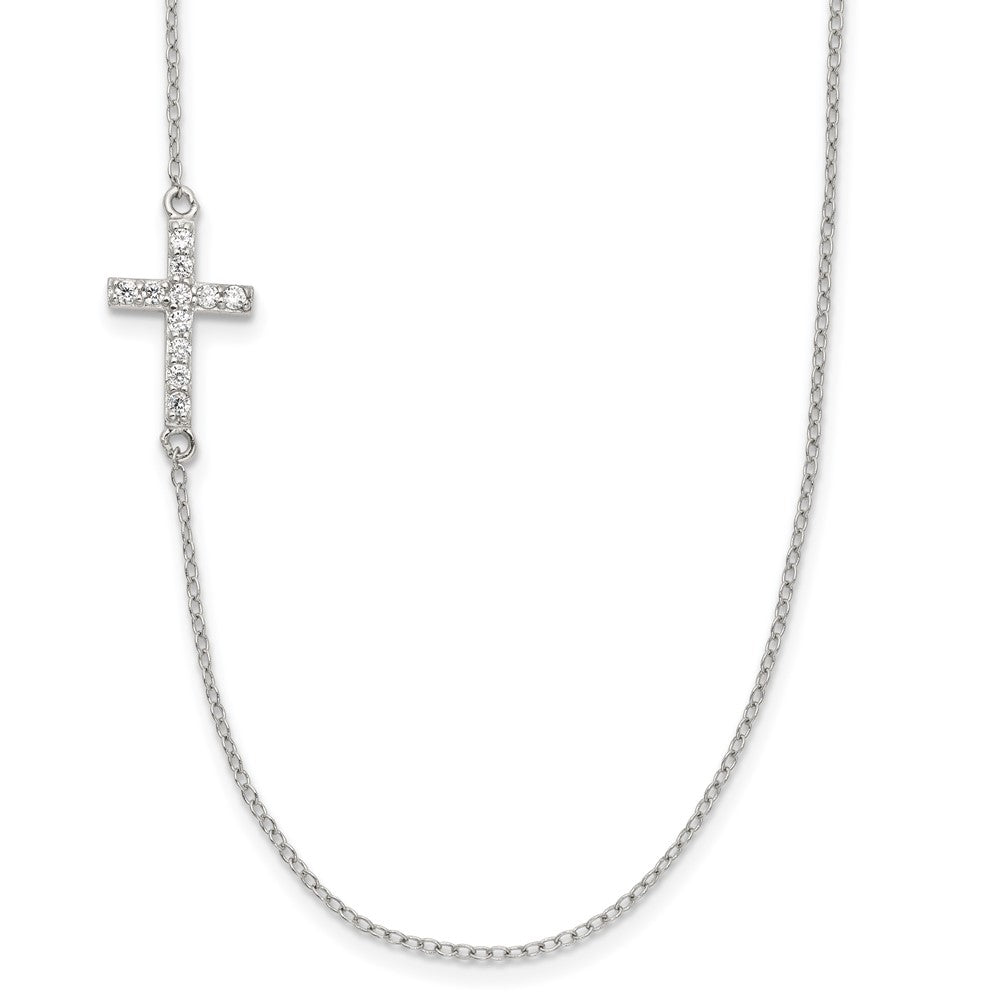 Sterling Silver Rhod-Pltd Cz Offset Sideways Cross W/2In Ext Necklace