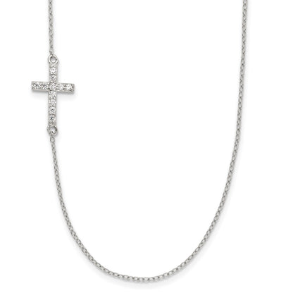 Sterling Silver Rhod-Pltd Cz Offset Sideways Cross W/2In Ext Necklace