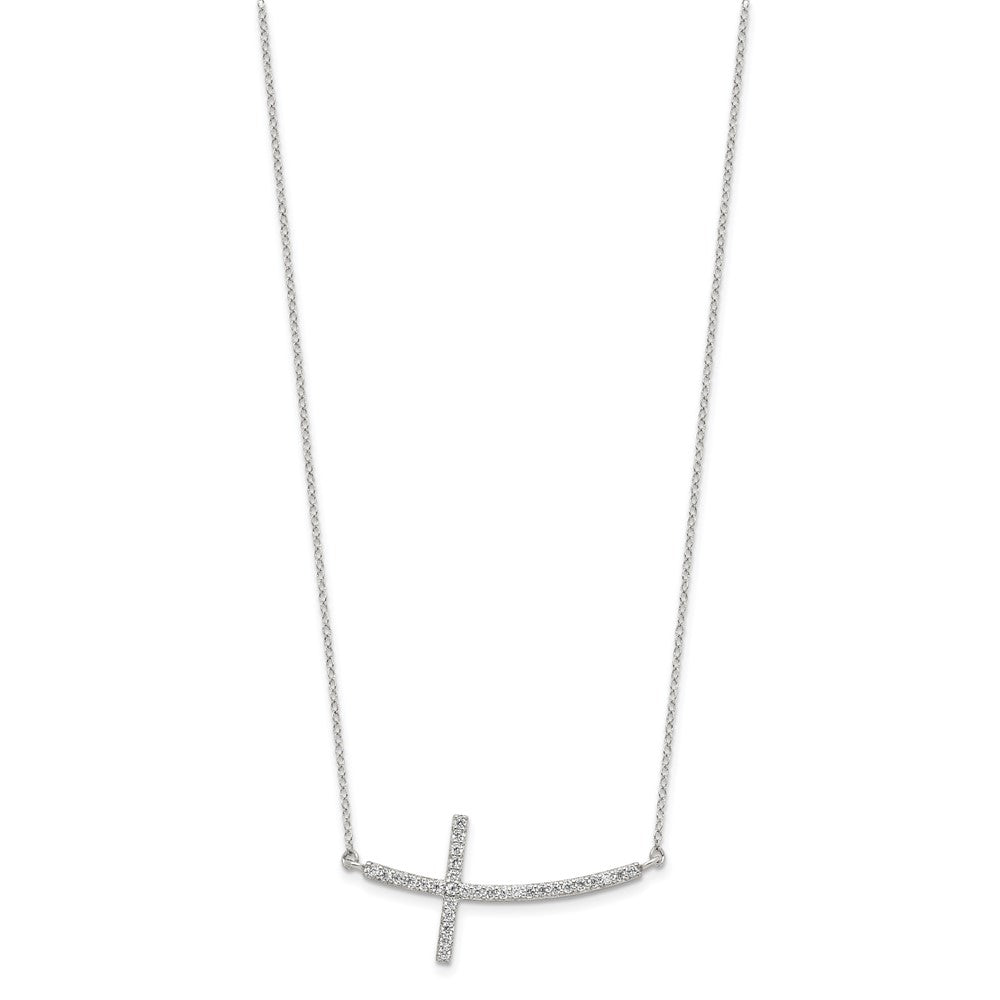 Sterling Silver Rhodium-Plated Cz Sideways Cross W/2In Ext Necklace