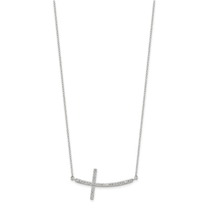 Sterling Silver Rhodium-Plated Cz Sideways Cross W/2In Ext Necklace