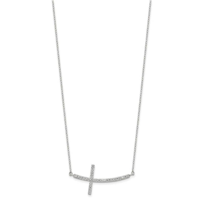 Sterling Silver Rhodium-Plated Cz Sideways Cross W/2In Ext Necklace