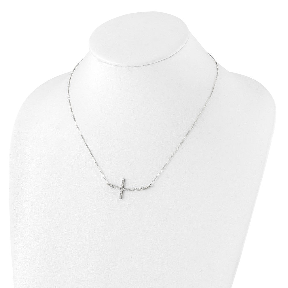 Sterling Silver Rhodium-Plated Cz Sideways Cross W/2In Ext Necklace