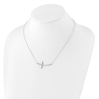 Sterling Silver Rhodium-Plated Cz Sideways Cross W/2In Ext Necklace