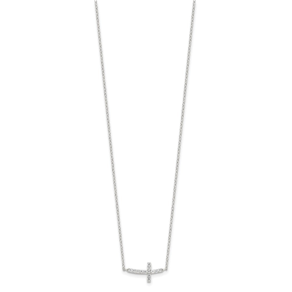 Sterling Silver Rhodium-Plated Cz Sideways Cross W/2In Ext Necklace