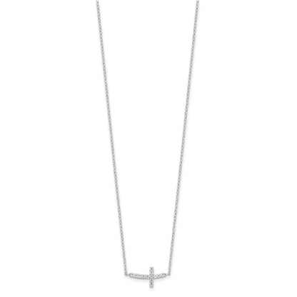 Sterling Silver Rhodium-Plated Cz Sideways Cross W/2In Ext Necklace