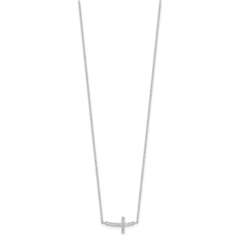 Sterling Silver Rhodium-Plated Cz Sideways Cross W/2In Ext Necklace