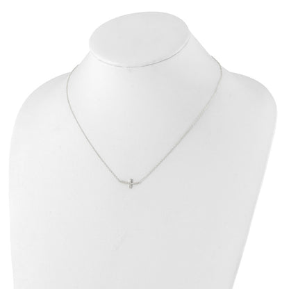 Sterling Silver Rhodium-Plated Cz Sideways Cross W/2In Ext Necklace