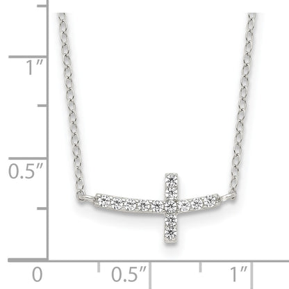 Sterling Silver Rhodium-Plated Cz Sideways Cross W/2In Ext Necklace
