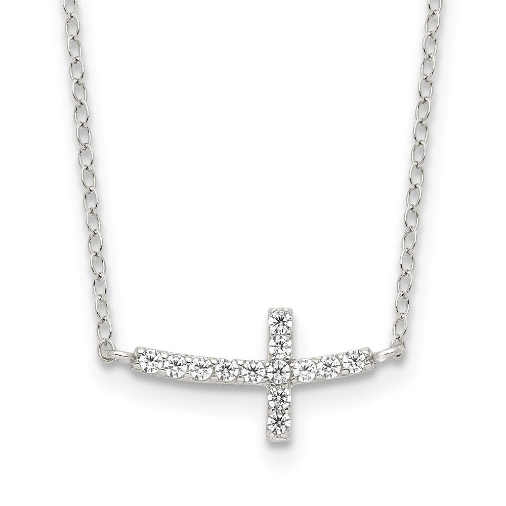 Sterling Silver Rhodium-Plated Cz Sideways Cross W/2In Ext Necklace