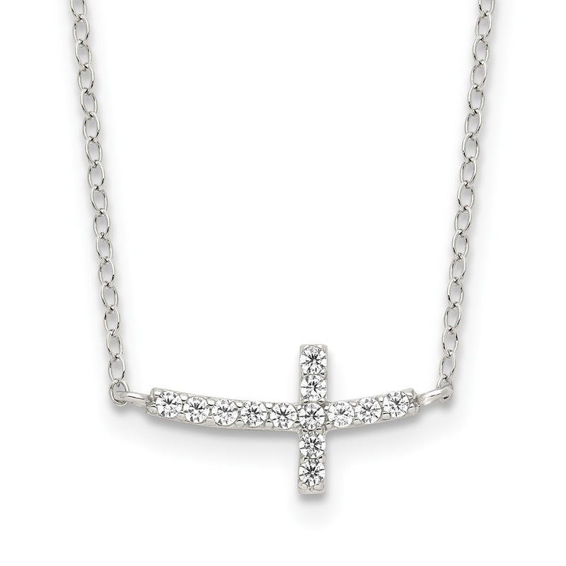 Sterling Silver Rhodium-Plated Cz Sideways Cross W/2In Ext Necklace