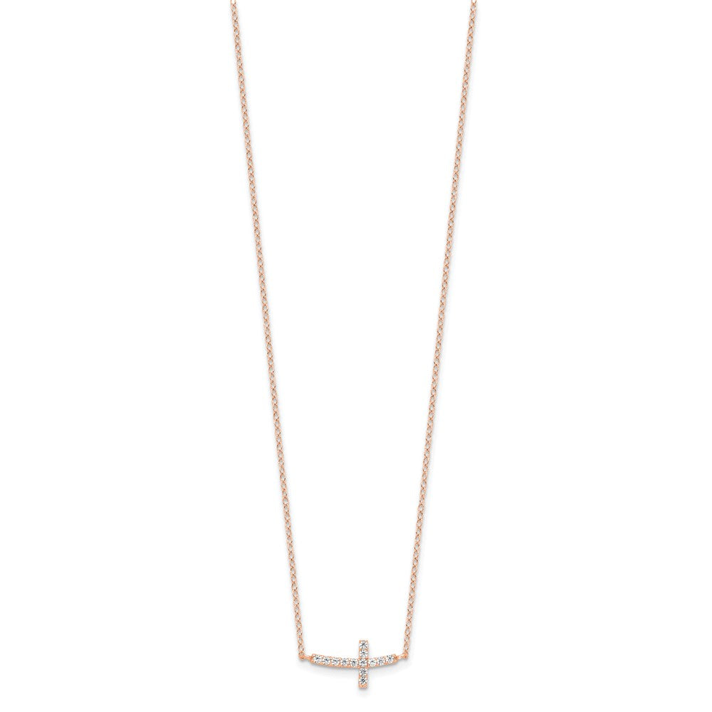 Sterling Silver Rose Gold-Plated CZ Sideways Cross w/2in Ext Necklace