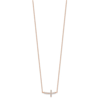 Sterling Silver Rose Gold-Plated CZ Sideways Cross w/2in Ext Necklace