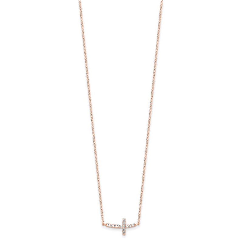 Sterling Silver Rose Gold-Plated CZ Sideways Cross w/2in Ext Necklace