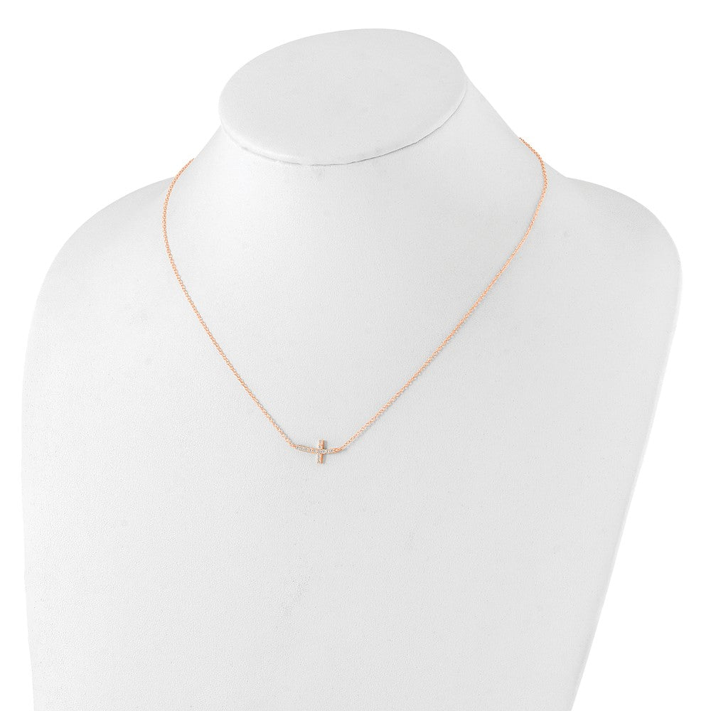 Sterling Silver Rose Gold-Plated CZ Sideways Cross w/2in Ext Necklace