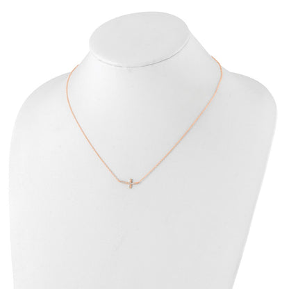 Sterling Silver Rose Gold-Plated CZ Sideways Cross w/2in Ext Necklace