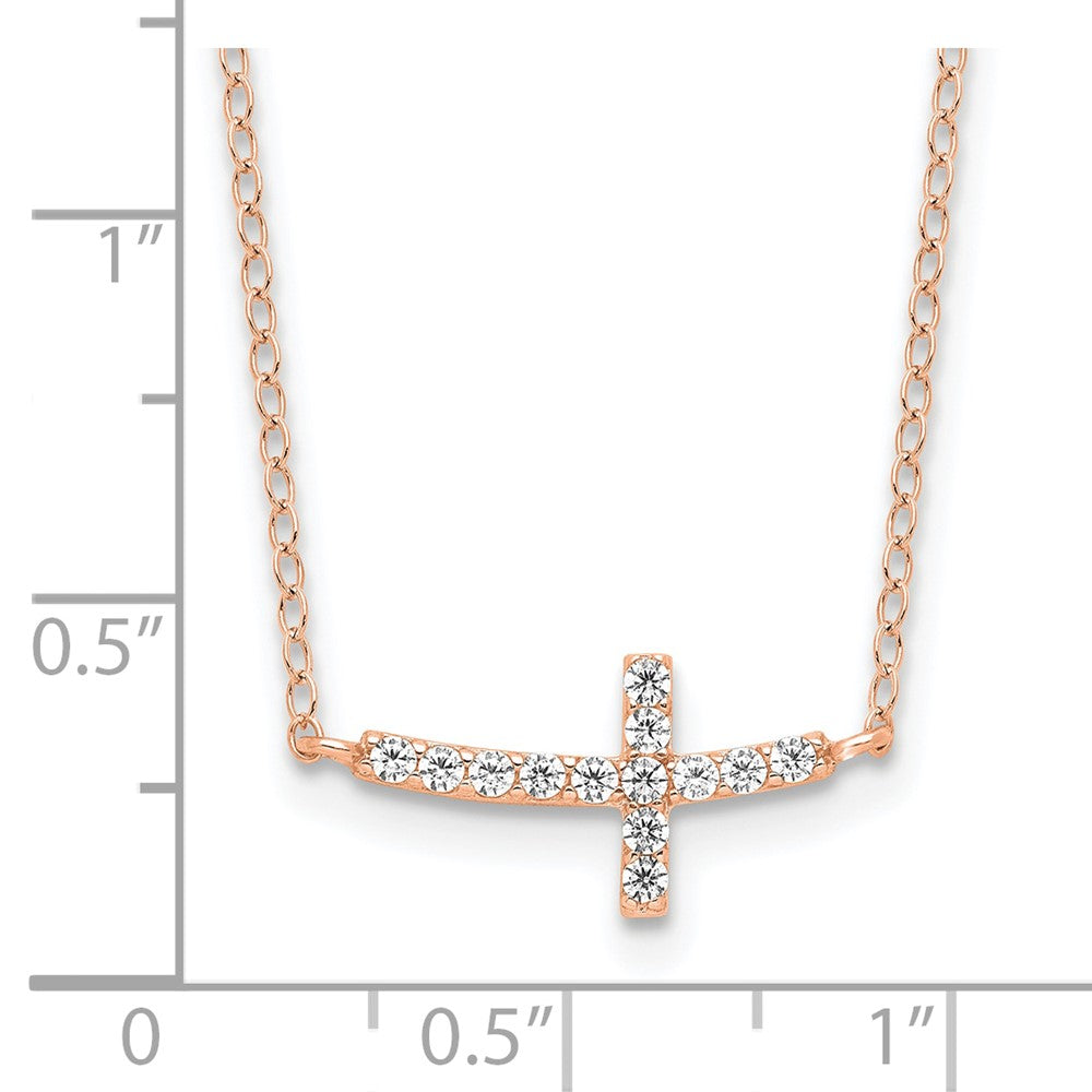 Sterling Silver Rose Gold-Plated CZ Sideways Cross w/2in Ext Necklace