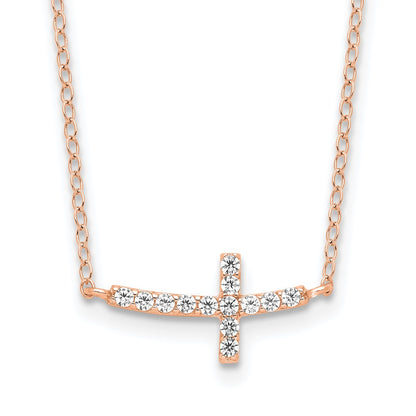 Sterling Silver Rose Gold-Plated CZ Sideways Cross w/2in Ext Necklace