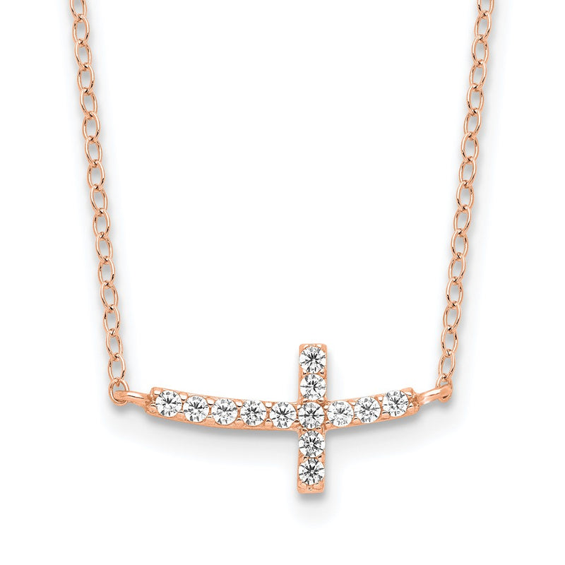 Sterling Silver Rose Gold-Plated CZ Sideways Cross w/2in Ext Necklace