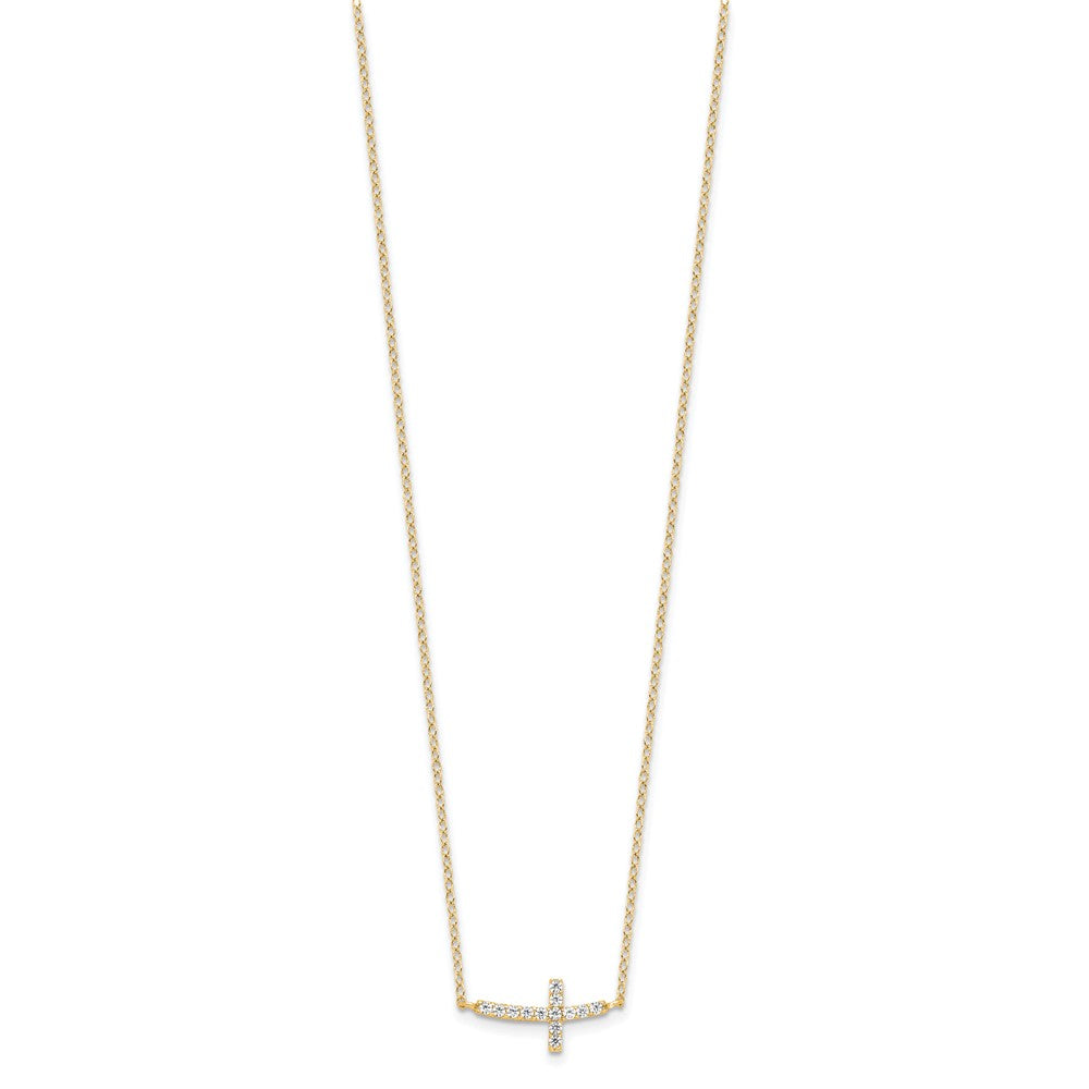 Sterling Silver Yellow Gold-Plated CZ Sideways Cross w/2in Ext Necklace