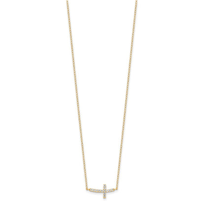 Sterling Silver Yellow Gold-Plated CZ Sideways Cross w/2in Ext Necklace