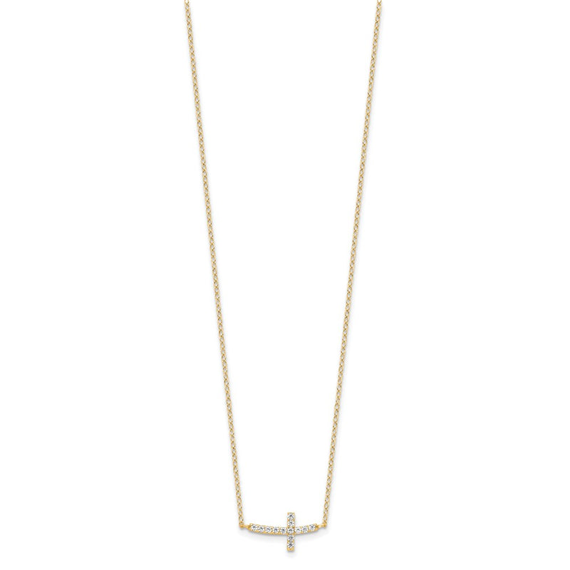 Sterling Silver Yellow Gold-Plated CZ Sideways Cross w/2in Ext Necklace