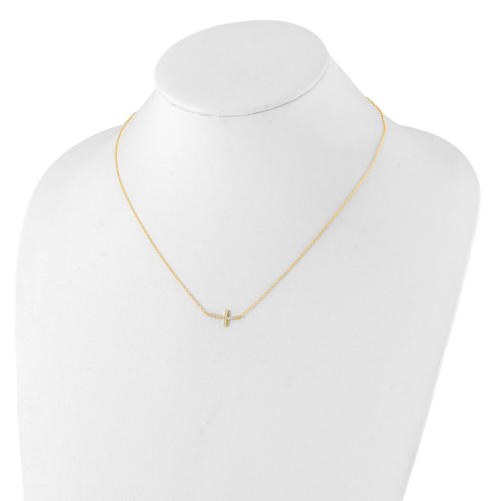 Sterling Silver Yellow Gold-Plated CZ Sideways Cross w/2in Ext Necklace