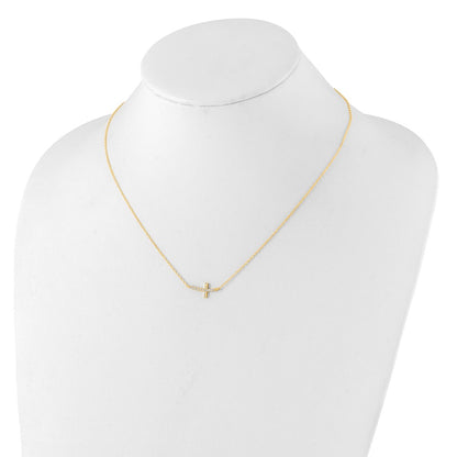 Sterling Silver Yellow Gold-Plated CZ Sideways Cross w/2in Ext Necklace