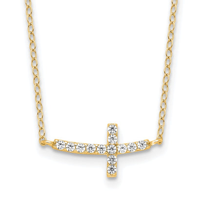 Sterling Silver Yellow Gold-Plated CZ Sideways Cross w/2in Ext Necklace