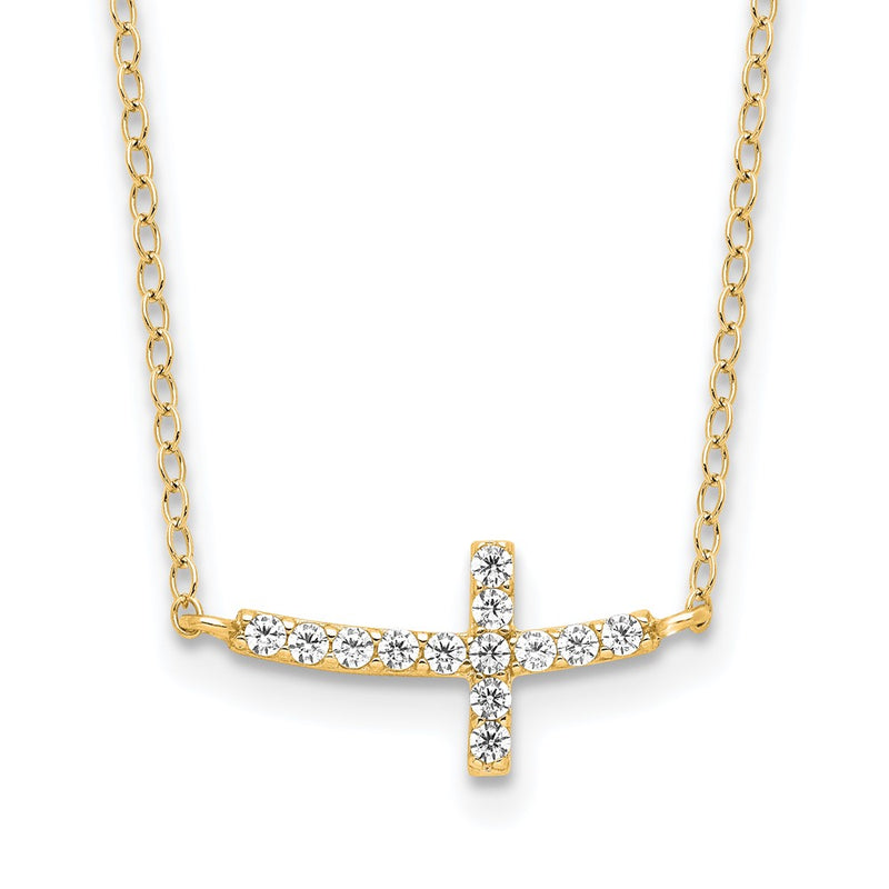 Sterling Silver Yellow Gold-Plated CZ Sideways Cross w/2in Ext Necklace