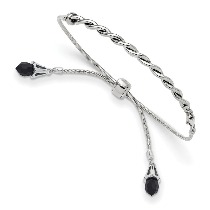 9 Inch Sterling Silver Antiqued Reflections Black Crystal Adjustable Bracelet
