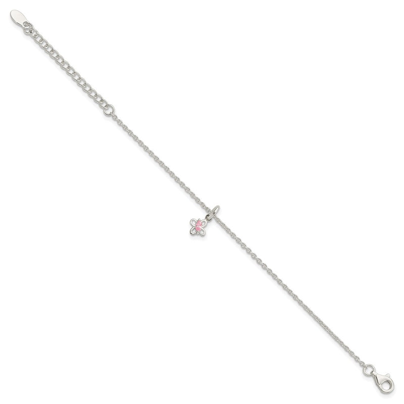 Sterling Silver Polished Pink Cz Butterfly W/ 1.5In Ext. Children'S Bracele