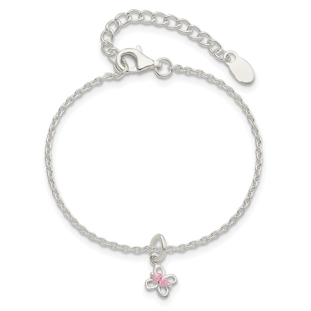 Sterling Silver Polished Pink Cz Butterfly W/ 1.5In Ext. Children'S Bracele