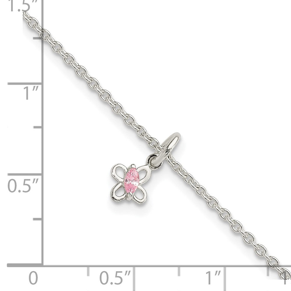 Sterling Silver Polished Pink Cz Butterfly W/ 1.5In Ext. Children'S Bracele