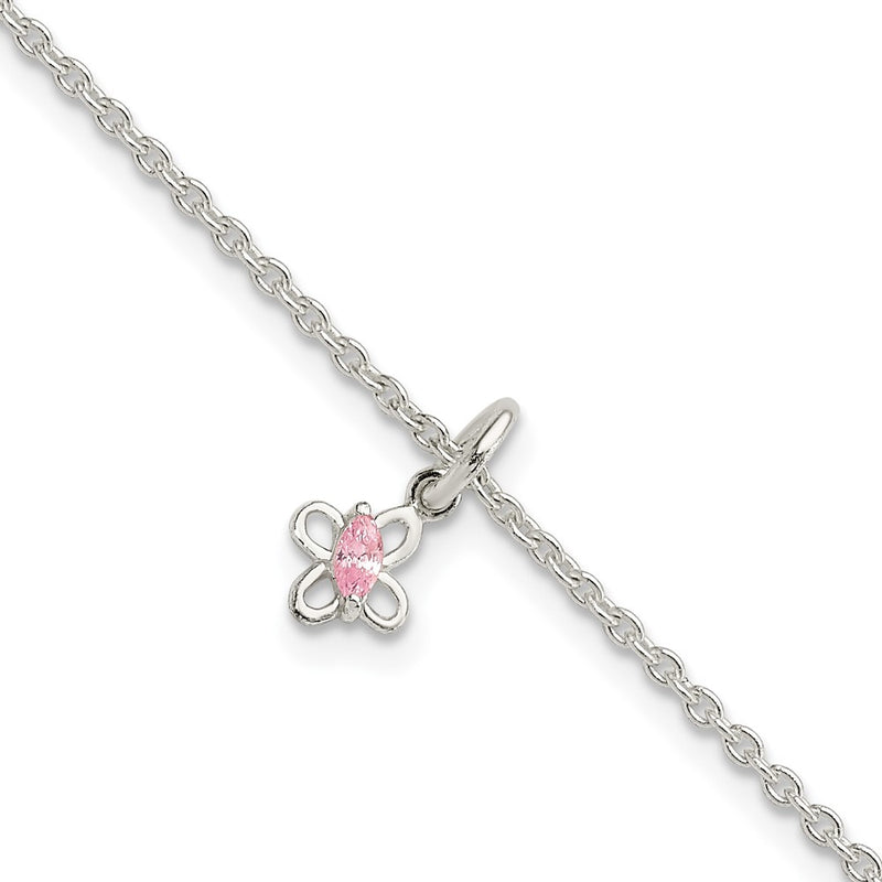 Sterling Silver Polished Pink Cz Butterfly W/ 1.5In Ext. Children'S Bracele