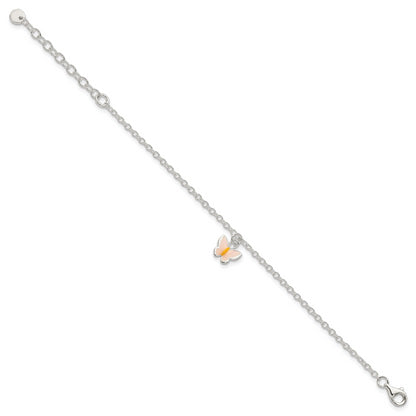 7 Inch Sterling Silver Polished Enamel Butterfly W/ 1.5In Ext. Childrens Bracelet