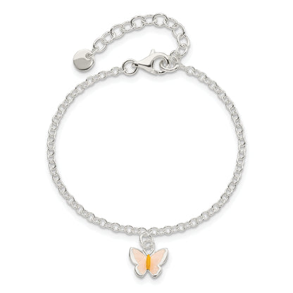 7 Inch Sterling Silver Polished Enamel Butterfly W/ 1.5In Ext. Childrens Bracelet