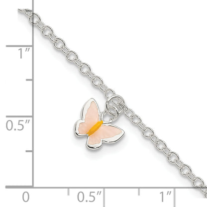 7 Inch Sterling Silver Polished Enamel Butterfly W/ 1.5In Ext. Childrens Bracelet