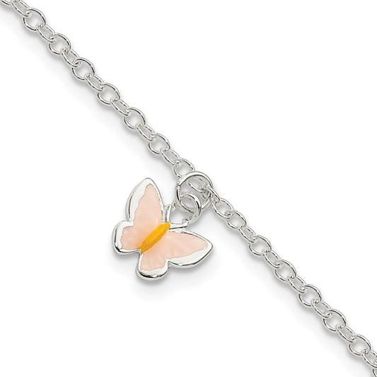 7 Inch Sterling Silver Polished Enamel Butterfly W/ 1.5In Ext. Childrens Bracelet