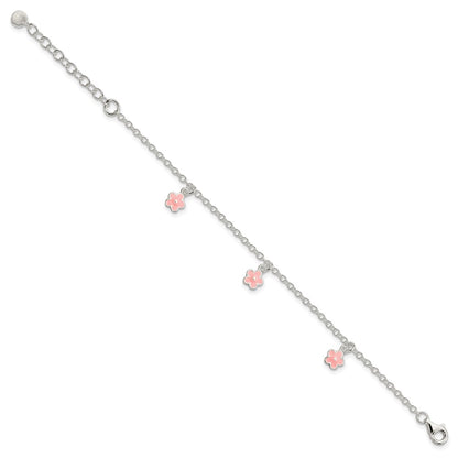 Sterling Silver Polished Pink Enamel Flowers W/1.5In Ext Children'S Bracele
