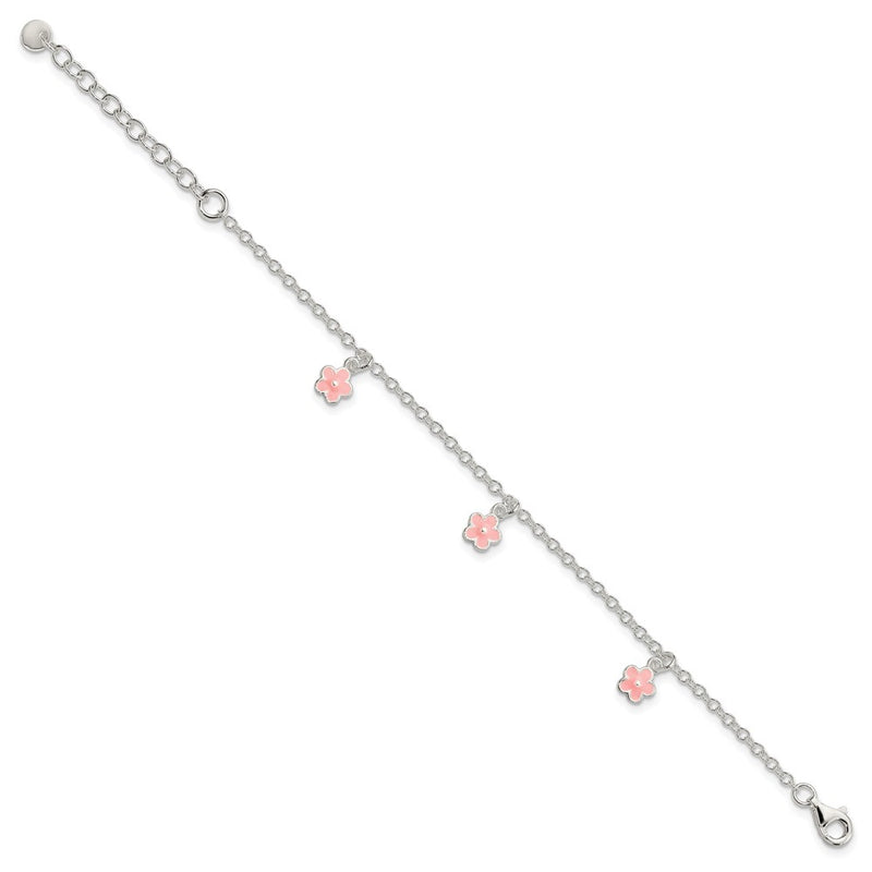 Sterling Silver Polished Pink Enamel Flowers W/1.5In Ext Children'S Bracele