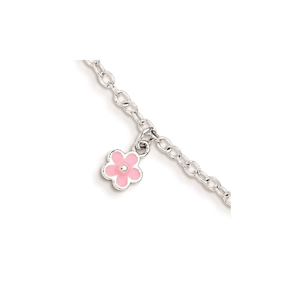 Sterling Silver Polished Pink Enamel Flowers W/1.5In Ext Children'S Bracele
