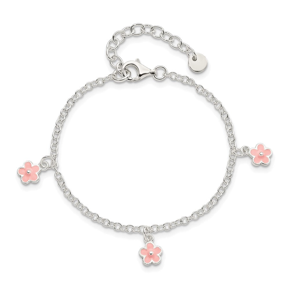 Sterling Silver Polished Pink Enamel Flowers W/1.5In Ext Children'S Bracele