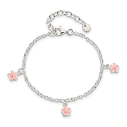 Sterling Silver Polished Pink Enamel Flowers W/1.5In Ext Children'S Bracele