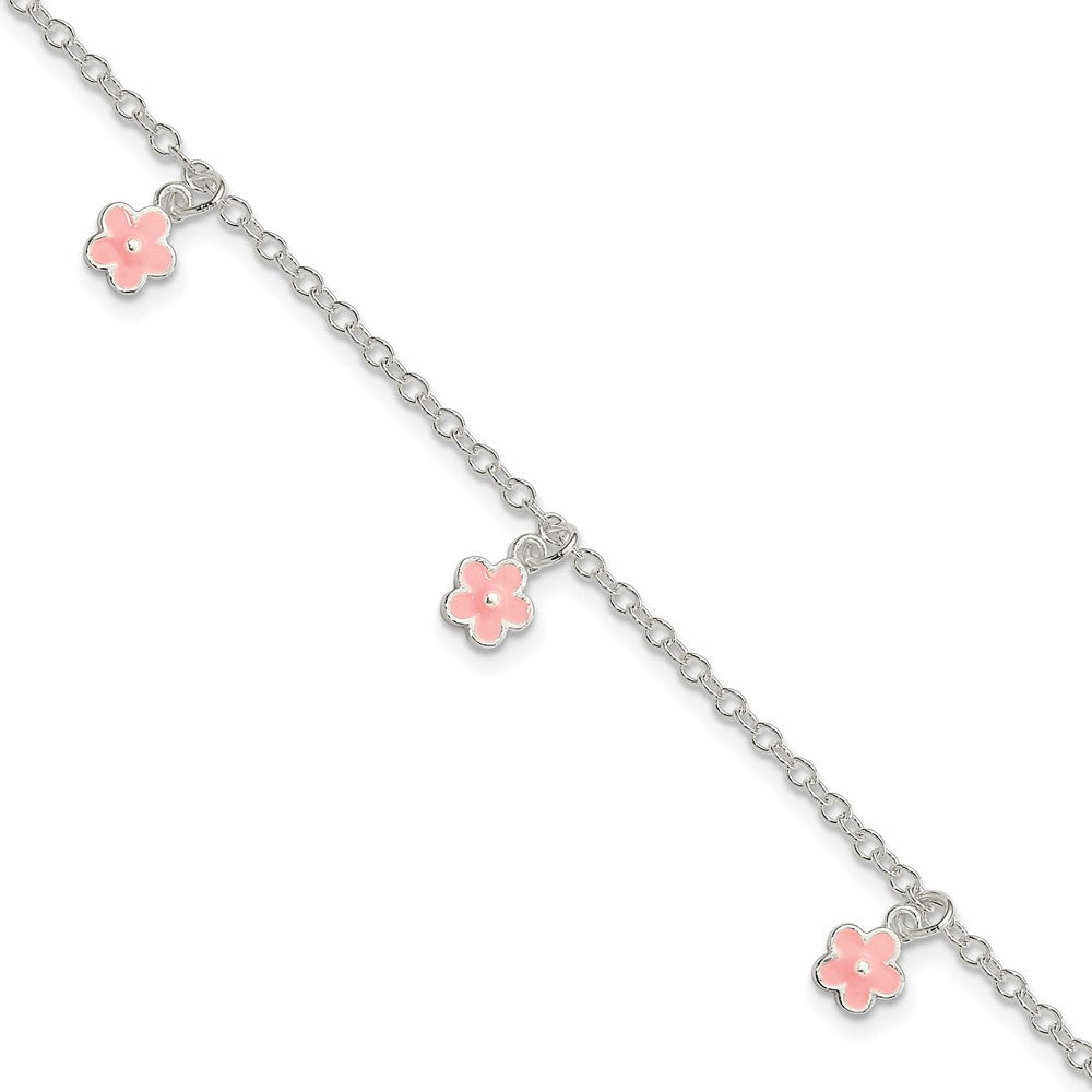 Sterling Silver Polished Pink Enamel Flowers W/1.5In Ext Children'S Bracele