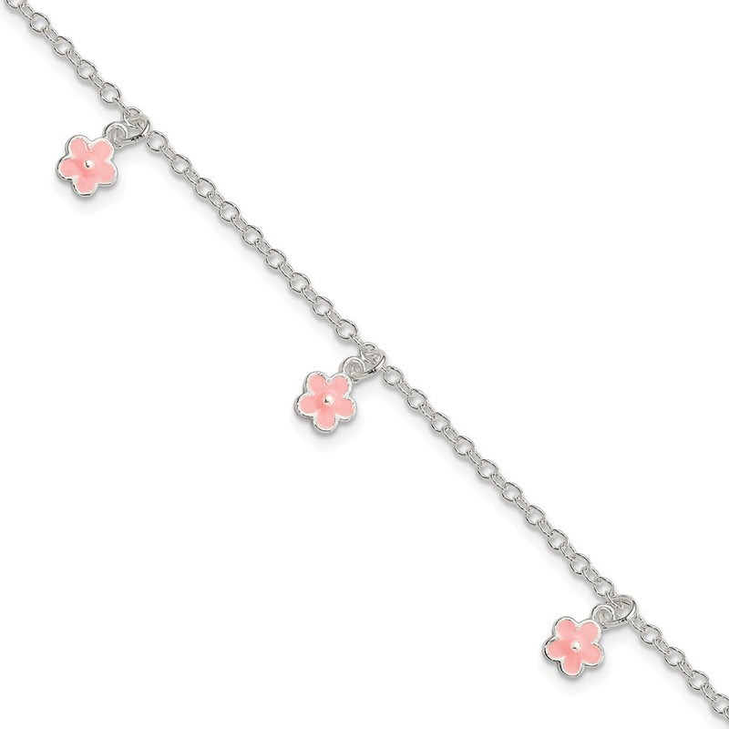 Sterling Silver Polished Pink Enamel Flowers W/1.5In Ext Children'S Bracele
