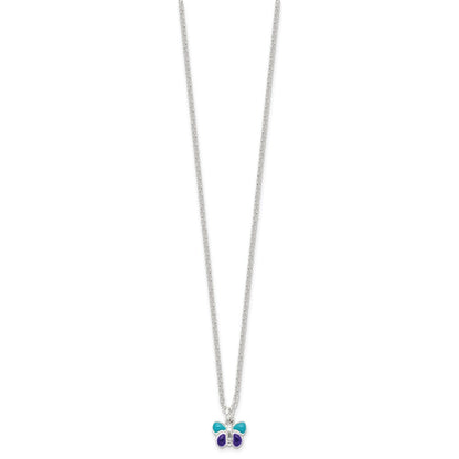 Sterling Silver Polished Blue & Purple Enameled Butterfly With 1.5Inch Extension Children'S Necklace