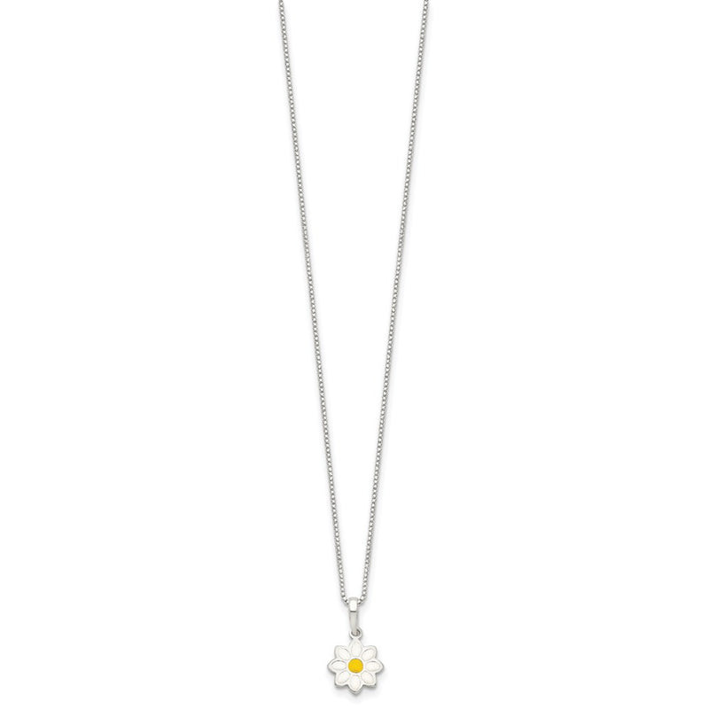 Sterling Silver Polished Yellow & White Enamel Flower Children'S Necklace